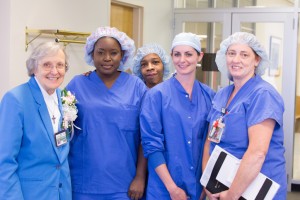 Sister Mary Janice Brink, RSM, poses with a team of surgery nurses who attended a reception honoring Sister Janice, who is retiring.  From left: Sister Mary Janice Brink, Nicky Leonard, Funmi Akinleye, Jody Taylor, and Tammy Wynn. Photos by Stephanie Richer