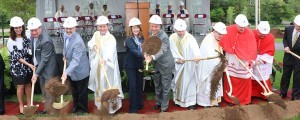 Breaking ground on the new Sacred Heart Cathedral are (from left) Barb and Butch Jones, Joe DiPietro, Father David Boettner, Crissy and Gov. Bill Haslam, Bishop Richard F. Stika, Cardinal Justin Rigali, Cardinal Timothy Dolan, and Cardinal William Levada. Photo by Dan McWilliams