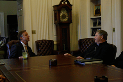 EXECUTIVE SESSION Bishop Richard F. Stika meets with Gov. Bill Haslam on Feb. 20 as part of Catholic Day on the Hill, an annual legislative event where parishioners from across Tennessee and the state’s three bishops meet with government leaders. Photo by Dan McWilliams