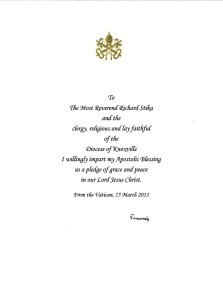 The papal blessing for Bishop Richard F. Stika and the Diocese of Knoxville signed by Pope Francis in the first hours of his pontificate