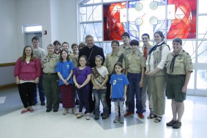 Bishop Richard F. Stika is shown with Scouts recognized at the Bishop’s Gathering & Adult Awards ceremony held at All Saints Church on March 16. Photo by Dan McWilliams
