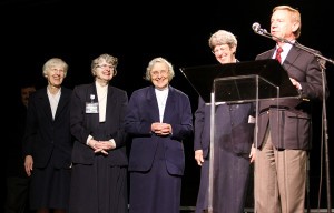 Doug Kennedy, chair of the Emerald Youth Foundation board of trustees, honored the Sisters of Mercy:  from left Sister Margaret Turk, Sister Marie Moore, Sister Janice Brink, and Sister Martha Naber, all longtime supporters of Emerald Youth Foundation. Photo courtesy of Emerald Youth Foundation