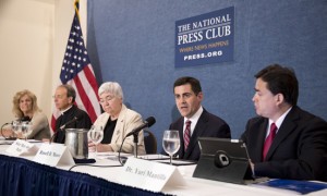 Russell D. Moore, president of the Southern Baptist Convention's Ethics & Religious Liberty Commission, addresses a news conference with other religious leaders July 2 at the National Press Club in Washington. A diverse group of religious representatives, including Archbishop William E. Lori of Baltimore, pictured second from left, urged the U.S. government to "expand conscience protections" in its Health and Human Services mandate that requires almost all employers to provide coverage of contraceptives, sterilization and some abortion-inducing drugs free of charge. Catholic News Service photo/Tyler Orsburn 