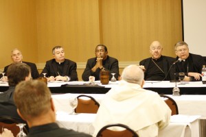 Bishops and priests in the Louisville Province were in Knoxville Dec. 3-4 for a province meeting. The bishops led a panel discussion with priests on issues facing dioceses and parishes in the province. Bishops on the panel are, from right, Richard F. Stika, David Choby, Terry Steib, William Medley, and Roger Foys. Photo by Bill Brewer