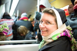 Sister Margaret Mary Sallwasser, OP, who teaches religion at Notre Dame High School in Chattanooga, rides the metro to the annual March for Life in Washington, D.C., on Jan. 22. Photo by Stephanie Richer