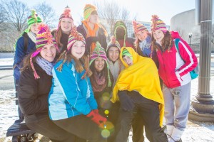 Students from Notre Dame High School in Chattanooga huddle for warmth at the annual March for Life in Washington, D.C., on Jan. 22. Pictured on the first row, left to right,  are Jessica Moore, Camden Eckler, Aileen Lanzar, Esteban Lee, and Zachary Riddle. Shown on the second row, left to right, are Andie Dorris, Jennifer Johnson, Conner Smith, Anthony Smith, Mary Margaret Haywood, and Anna Mills. Photo by Stephanie Richer