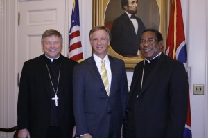 Bishop Richard F. Stika, Gov. Bill Haslam, and Memphis Bishop J. Terry Steib meet during Catholic Day on the Hill on Feb. 18 in Nashville. Photo by Dan McWilliams