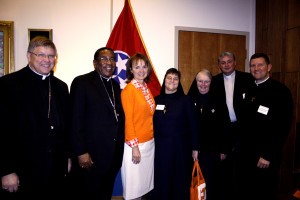 Bishop Richard F. Stika, left, Memphis Bishop J. Terry Steib, SVB, Sister Mary Marta Abbott, RSM, Sister Mary Christine Cremin, RSM, Deacon Sean Smith and Father David Boettner meet with Rep. Beth Harwell, R-Nashville (center orange) during Catholic Day on the Hill in Nashville on Feb. 18. Photo by Dan McWilliams