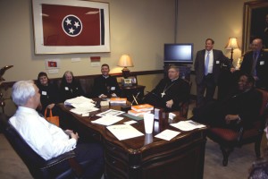 Sen. Ron Ramsey, R-Blountville, meets in his Nashville office with Sister Mary Marta Abbott, RSM, Sister Mary Christine Cremin, RSM, Father David Boettner, Bishop Richard F. Stika, Memphis Bishop J. Terry Steib, and Paul Simoneau during Catholic Day on the Hill on Feb. 18. Photo by Dan McWilliams