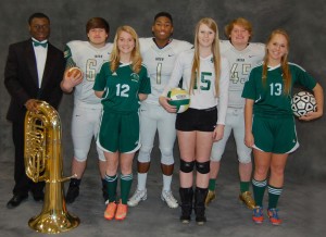 Notre Dame High School students, from left, Anthony Smith, Robert Kidwell, Kareem Orr, Tyler Enos, Maddie Robbins, Stephanie Bouchard, and Mackenzie Nadeau are among the school's students receiving honors.