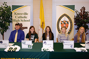 MOVING ON UP Signing with colleges Feb. 5 were Knoxville Catholic High School athletes (from left) Patrick McFall, with East Tennessee State; Camille Baker, with the Missouri University of Science and Technology; Molly Dwyer, with Furman; Charlotte Sauter, with Trevecca Nazarene; and Tori Sanders, with Montevallo. Photo by Dan McWilliams