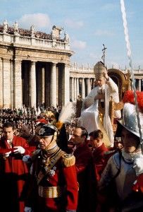 Pope Paul VI is carried on the "sedia gestatoria," a ceremonial throne, during the closing liturgy of the Second Vatican Council in St. Peter's Square at the Vatican Dec. 8,1965. Pope Francis will beatify Pope Paul Oct. 19 during the closing Mass of the extraordinary Synod of Bishops on the family. The miracle needed for Pope Paul's beatification involved the birth of a healthy baby to a mother in California after doctors had said both lives were at risk. CNS photo/Giancarlo Giuliani