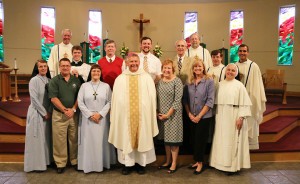 Bishop Richard F. Stika, front center, and diocesan schools Superintendent Sister Mary Marta Abbott, RSM, front row, third from left, are shown with Diocese of Knoxville Catholic Schools principals and clergy. Front row from left, Sister Mary Elizabeth Ann McCullough, RSM, St. Joseph; Bill Derbyshire, St. John Neumann; Jamie Goodhard, St. Jude; Sarah Trent, Sacred Heart; Sister Marie Blanchette, OP, St. Mary in Oak Ridge; second row from left, seminarian Michael Hendershott; Tucker Davis, St. Dominic; Sam Martin, Our Lady of Perpetual Help in Chattanooga; George Valadie, Notre Dame High School; Father Christopher Manning; Father Peter Iorio; back row from left, Father John Dowling; Father Charlie Burton. Not pictured are Dickie Sompayrac, Knoxville Catholic High School; Randi McKee, St. Mary in Johnson City. Photo by Dan McWilliams