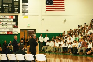 Medal of Honor recipients retired Army Col. Joe Marm and retired Navy Capt. Thomas Kelley speak to Knoxville Catholic High School students on Sept. 12 as part of a special ceremony at the school honoring Medal of Honor heroes. Photo by Bill Brewer