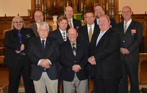 KNIGHTS OF COLUMBUS CEREMONY Five members of Council 5207 became Third Degree Knights on Nov. 15. From left are (front row) John O’Connor, Ray Barkowski, and Michael Hickey; (middle row) Jay Meadowcroft, Greg Guyotte, Scott Elmore, and Tom Greer; and (back row) state deputy John Parks, supreme director Mike Wills, and state treasurer Tracy Staller. Courtesy of Pam Rhoades