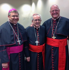 LEADING THE DISCUSSION Bishop Richard F. Stika, left, Cardinal Justin Rigali, center, and Cardinal Timothy Dolan promise a captivating evening on April 17. 