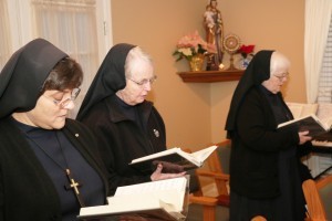 PRAYERFUL REFLECTION The Religious Sisters of Mercy of Alma, Mich., lead Holy Hour at the Convent of St. Richard in Knoxville. The Sisters are joined by Sister Mary Clara Auer of the religious order Sisters of St. Francis of the Martyr St. George (in light gray habit) and Brigid Prosser, far right, a pre-postulant who is discerning with the Religious Sisters of Mercy. Photo by Bill Brewer