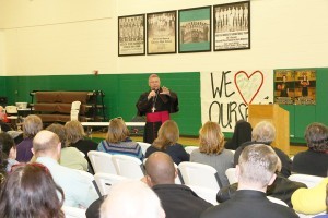 Bishop Stika speaks to parishioners who attended a diocesan-wide conference on confirmation Feb. 7 at Knoxville Catholic High School. Photo by Bill Brewer