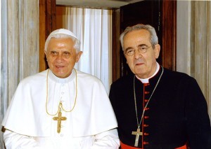 Cardinal Justin Rigali appears with Pope Benedict XVI.